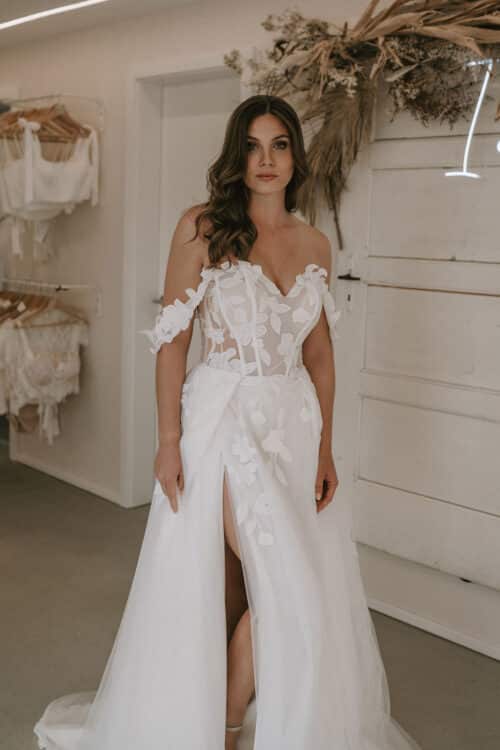 Offshoulderkleid, Blätterspitze , Tüll, Schlitz, Brautkleid